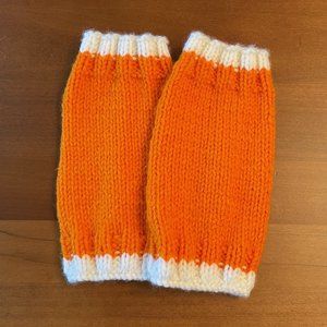 Handmade Orange and White Fingerless Knit Mittens - 8.25 Inches Long